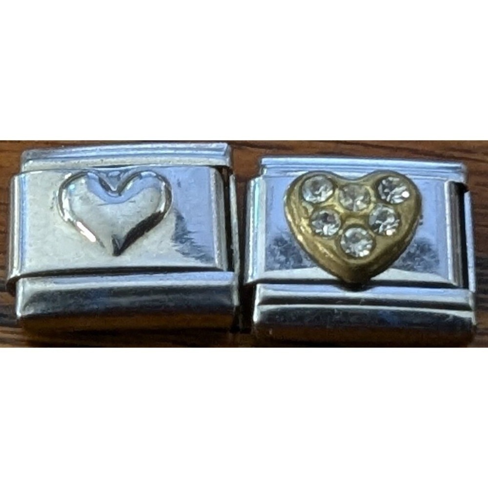 VinTaGe Italian Charm Bracelet Links 2pc Lot Silver GoldTone Heart Stones Love